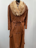 1970s Full Length Leather Jacket with Fur Collar - Size 12