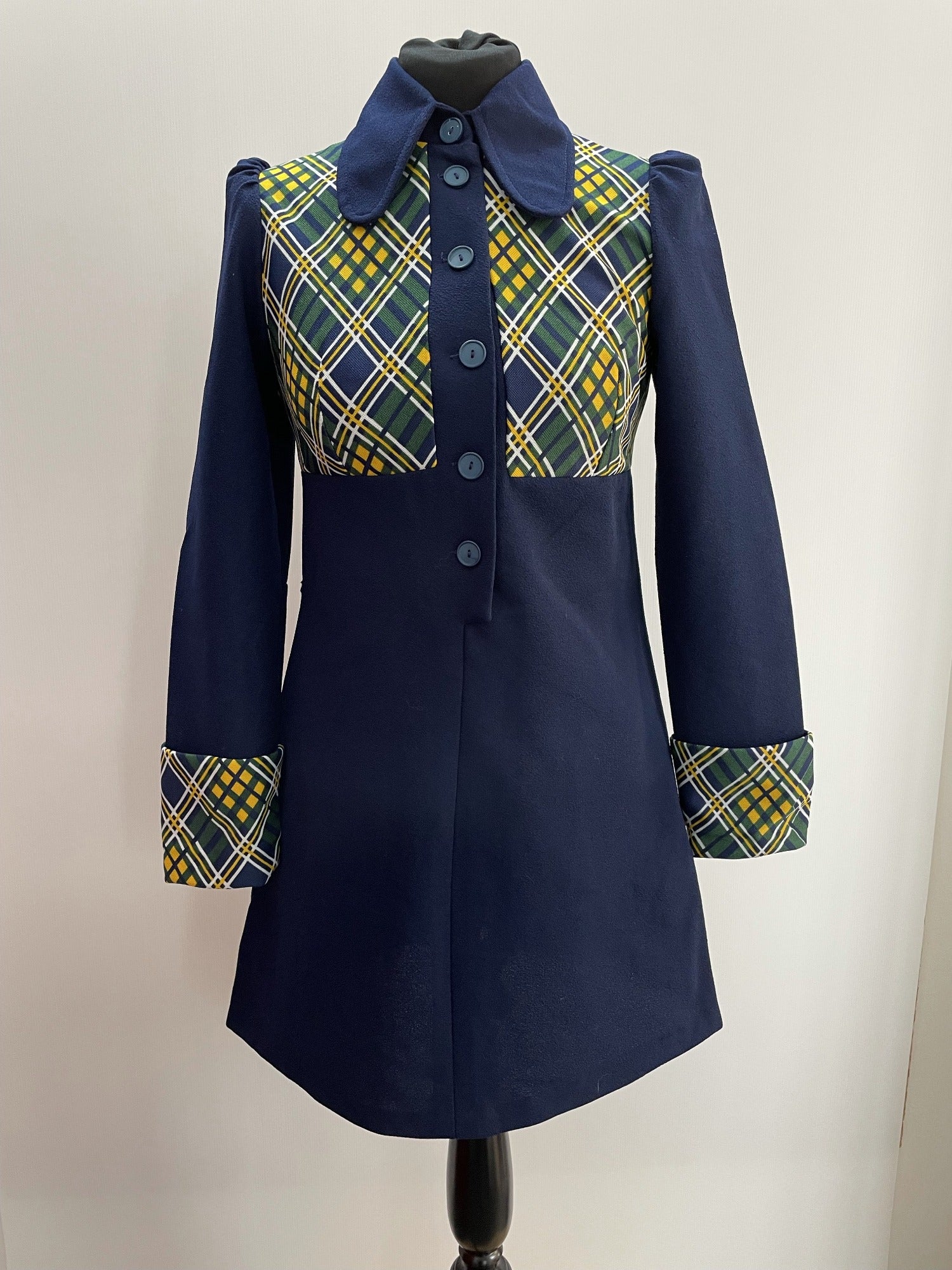 Vintage 1960s Blue And Yellow Long Sleeve Checked Bib Front Mod Mini Dress with Beagle Ear Collar Size UK 8 Urban Village UrbanVillageVintage