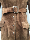 8  womens  Winter Coat  vintage  Urban Village Vintage  urban village  tan  Suede Jacket  Suede  sheepskin collar  Sheepskin  shearling  retro  quilted lining  quilted  pockets  long sleeve  Jacket  hippy  hippie  highway  coat  button down  brown  60s  1960s