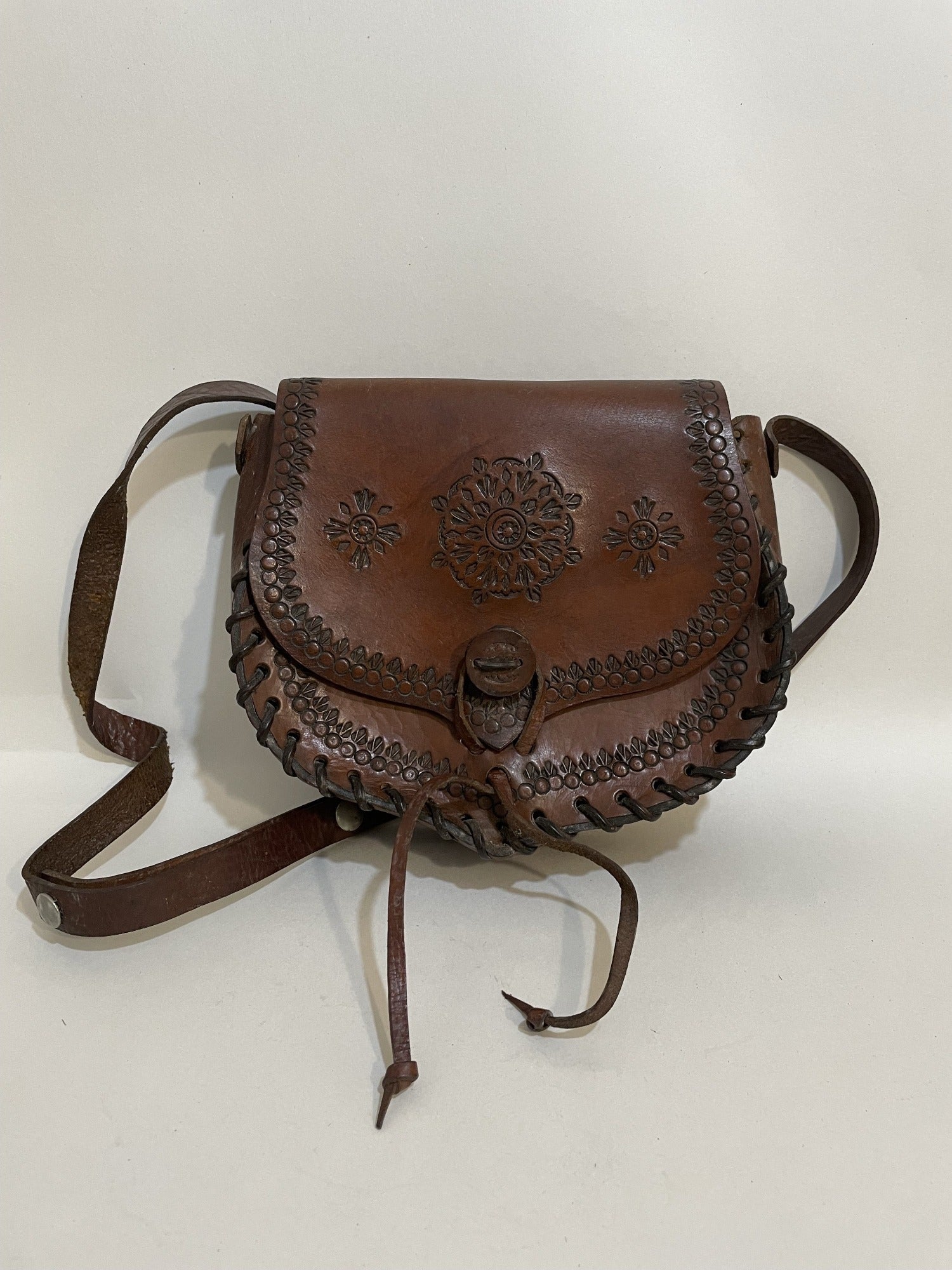 1970s Tooled Dark Brown Leather Satchel Shoulder Bag