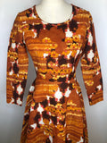 womens  vintage  Urban Village Vintage  psych  print dress  orange  long sleeved  floral print  floral dress  dress  collar  brown  70s  1970s  10