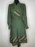 Vintage 1970s Dagger Collar Neck Tie Balloon Sleeve Pleated Dress in Green - Size UK 10