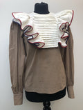 womens shirt  womens  vintage  Urban Village Vintage  urban village  trim detail  summer  striped  sleeve  shirt sleeve  ruffles  ruffle front  ruffle  pattern  long sleeves  brown  blouse  8