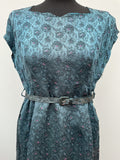 zip  womens  waist belt  vintage  Urban Village Vintage  urban village  Turquoise  sleevless  side zip  robinson and cleaver  midi dress  midi  low cut  floral print  floral dress  floral  dress  Belted waist  belted dress  belted  50s  50  1950s  12