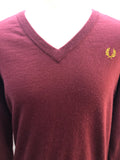 vintage  V-Neck  Urban Village Vintage  urban village  red  mens  m  logo  lambswool  knitwear  knitted  knit  Fred Perry  embroidered logo  burgundy logo  burgundy