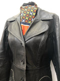 Womens Vintage 1970s Black Leather Jacket Suede Centre Swear & Wells Size 12 long length 70s circular pockets collared design button front - Urban Village Vintage