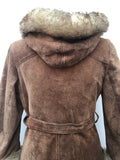 8  womens  Winter Coat  vintage  Urban Village Vintage  urban village  tan  Suede Jacket  Suede  sheepskin collar  Sheepskin  shearling  retro  quilted lining  quilted  pockets  long sleeve  Jacket  hippy  hippie  highway  coat  button down  brown  60s  1960s