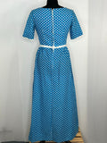 zip  womens  waist detail  vintage  Urban Village Vintage  urban village  short sleeved  short sleeve  round neck  ribbon waist  maxi dress  maxi  fitted waist  dress  crochet trim  blue  8  50s  50  1950s