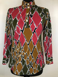 1970s Dagger Collar Diamond Print Blouse - Size UK 10