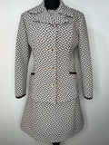 Vintage 1960s Mod Two Piece Patterned Dress and Blazer Jacket Suit in Brown and White - Size UK 16