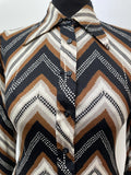 zig zag  womens  vintage  Urban Village Vintage  urban village  summer blouse  Stripes  shirt  nylon  long sleeve  hukap  disco  dagger collar  collar  chevron stripe  chevron  button front  button  brown  blouse  black  big collar  70s  1970s
