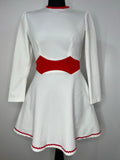 womens  white  vintage  Urban Village Vintage  round neck  red trims  print dress  pockets  MOD  long sleeved  dress  60s  60  1960s  1960  10