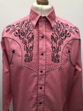 western  vintage  Urban Village Vintage  urban village  retro  Rangers original  press stud fastening  pockets  pink  pearl snap  mens  L  embroidered pattern  Embroidered  Cowboy Shirt  cowboy  collar  button  black embroidery  70s  1970s  Online store