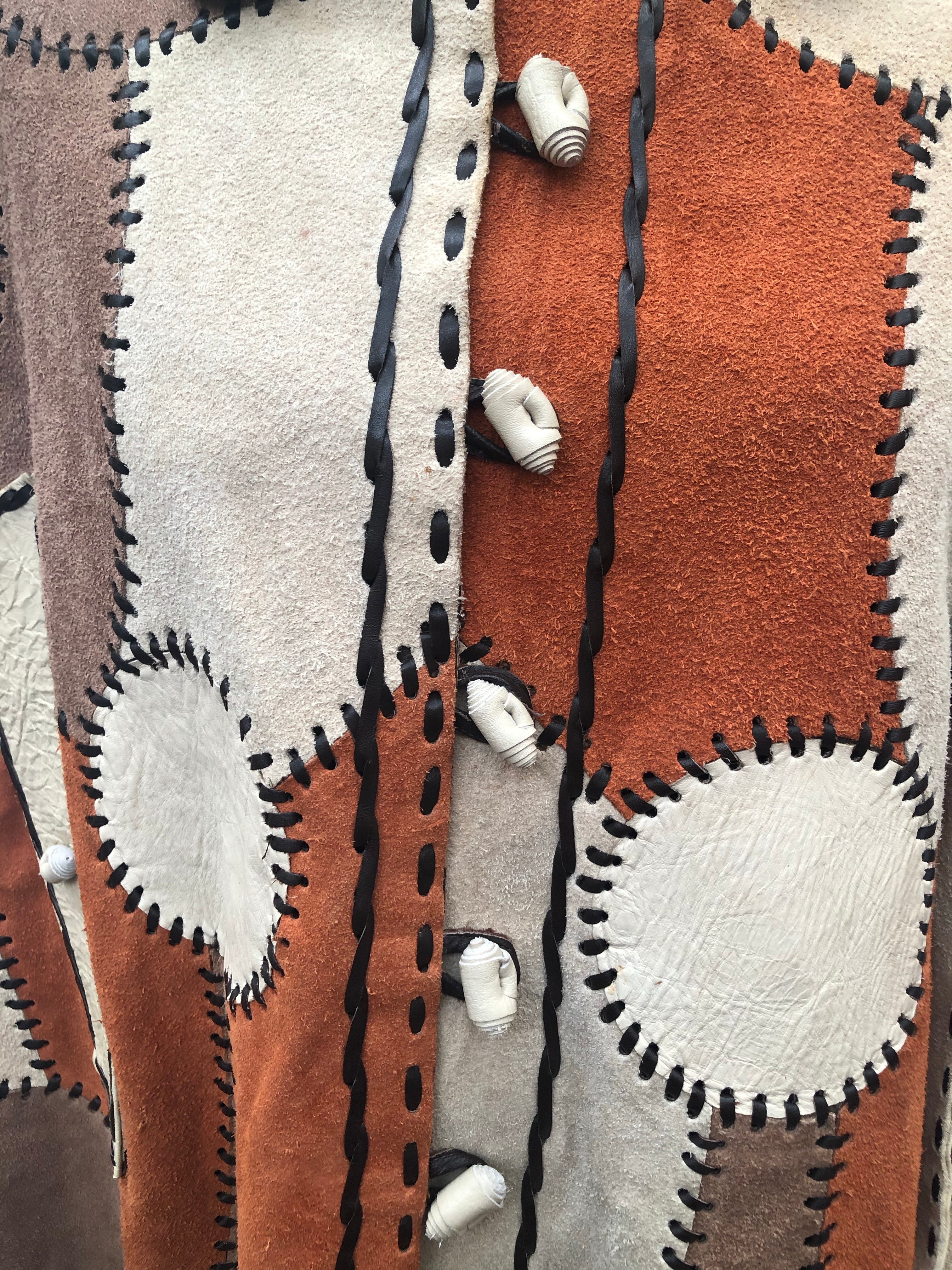 womens  western  vintage  S  poncho  penny collar  patchwork  navajo  Multi  leather  hooded  hippy  fringed  cream  coat  cape  brown  boho  bohemian  70s  60s  1970s  1960s urban village vintage