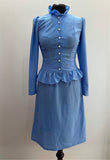 1970s Blue and White Polka Dot Two Piece Blouse and Skirt Set - Size UK 8