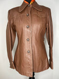 Vintage 1970s Leather Shirt Jacket in Brown - Size UK 10