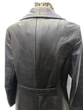 Womens Vintage 1970s Black Leather Jacket Suede Centre Swear & Wells Size 12 long length 70s circular pockets collared design button front - Urban Village Vintage