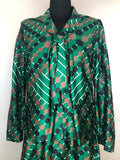 womens  vintage  Urban Village Vintage  two piece  twin set  top  tie neck  Skirts  skirt  Shirt  sailor collar  retro  green  circle print  brown print  blouse  70s  70  1970s  12  10-12  10