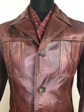 vintage  Urban Village Vintage  urban village  stitch detailing  S  pockets  mens  long sleeve  Leather Jacket  Leather Coat  Leather  Jacket  collar  chest pockets  brown leather  brown  big collar  70s style  70s  1970s