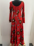 womens  vintage  v neck  Urban Village Vintage  scoop neck  red dress  red  psychedelic  psych  maxi dress  low neck  long sleeve  long dress  floral dress  floral  festive  empire line  empire  dress  daisy print  daisy  christmas  70s  60s  1970s  10