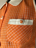 womens  waistcoat  vintage  Urban Village Vintage  two piece  tunic  tie front  summer blouse  round neck  orange  mini skirt  cropped  check skirt  blouse  60s  1960s  10