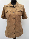 womens  vintage  Urban Village Vintage  urban village  short sleeved  short sleeve  Shirt  safari style  safari  retro  pockets  corduroy  corded  cord  collar  chest pockets  camel  button fastening  button down  button  brown  big collar  70s  1970s  10