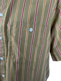 vintage  Urban Village Vintage  top  stripey  Stripes  striped  stripe pattern  stripe detailing  stripe  short sleeved shirt  short sleeved  short sleeve  Shirt  red stripes  Orange stripes  mens  L  green  Gabicci  embroidered logo  Embroidered  70s  1970s