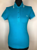 womens  Urban Village Vintage  top  T-Shirt  striped  polo top  polo  MOD  Fred Perry  embroidered logo  blue  10