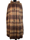 Vintage 1960s Mohair and Wool Check Long Hooded Cape in Brown by Rannoch Designs - Size M