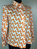 10  womens  white  vintage  top  print  orange  floral print  dagger collar  blouse  70s  1970s