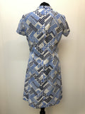 womens  white  vintage  Stripes  retro  pussy bow  print dress  MOD  midi dress  long sleeve  high neck  dress  blue  abstract print  60s  1960s  14