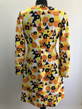 Yellow  womens  white  vintage  Urban Village Vintage  triangle print  retro  psychedelic  psych  print dress  orange  navy  multi  MOD  dress  decorative buttons  circle print  bow detail  60s  1960s  12