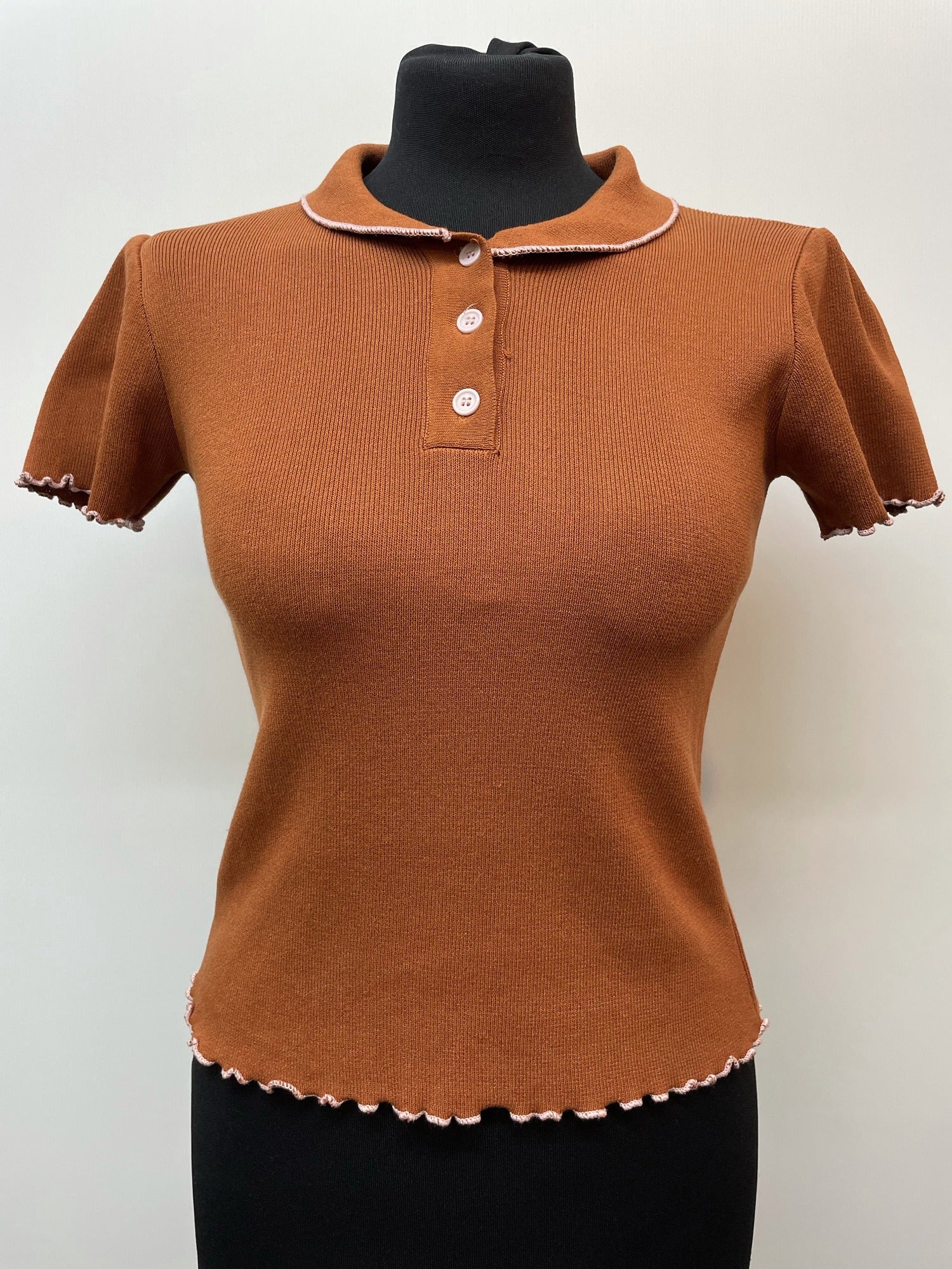 womens top  womens  vintage  Urban Village Vintage  urban village  Three Button  polo top  polo shirt  MOD  light knitwear  light knit  knitwear  knitted  knit  fine knit  collared  collar  button up  brown  blouse  4  3 button  1960s