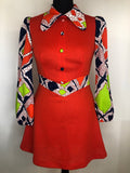 gogo  zip  womens  vintage  Urban Village Vintage  urban village  retro  red  print dress  multi  MOD  long sleeve  high neck  dress  collared dress  collared  collar  big collar  Beagle collar  beagle  balloon sleeves  balloon sleeve  balloon  back zip  8  60s  1960s  16