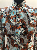 womens  vintage  Urban Village Vintage  top  orange  multi  floral print  dagger collar  Blue  blouse  8  70s  1970s