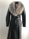 womens  vintage  Urban Village Vintage  urban village  sheepskin collar  retro  long sleeve  long length coat  long length  Leather Jacket  Leather Coat  Leather  grey sheepskin  fully lined  collar  button fastening  button  Black Leather  black  70s  1970s  10