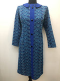 1960s Long Sleeved Patterned Button Front Dress in Blue - Size 14