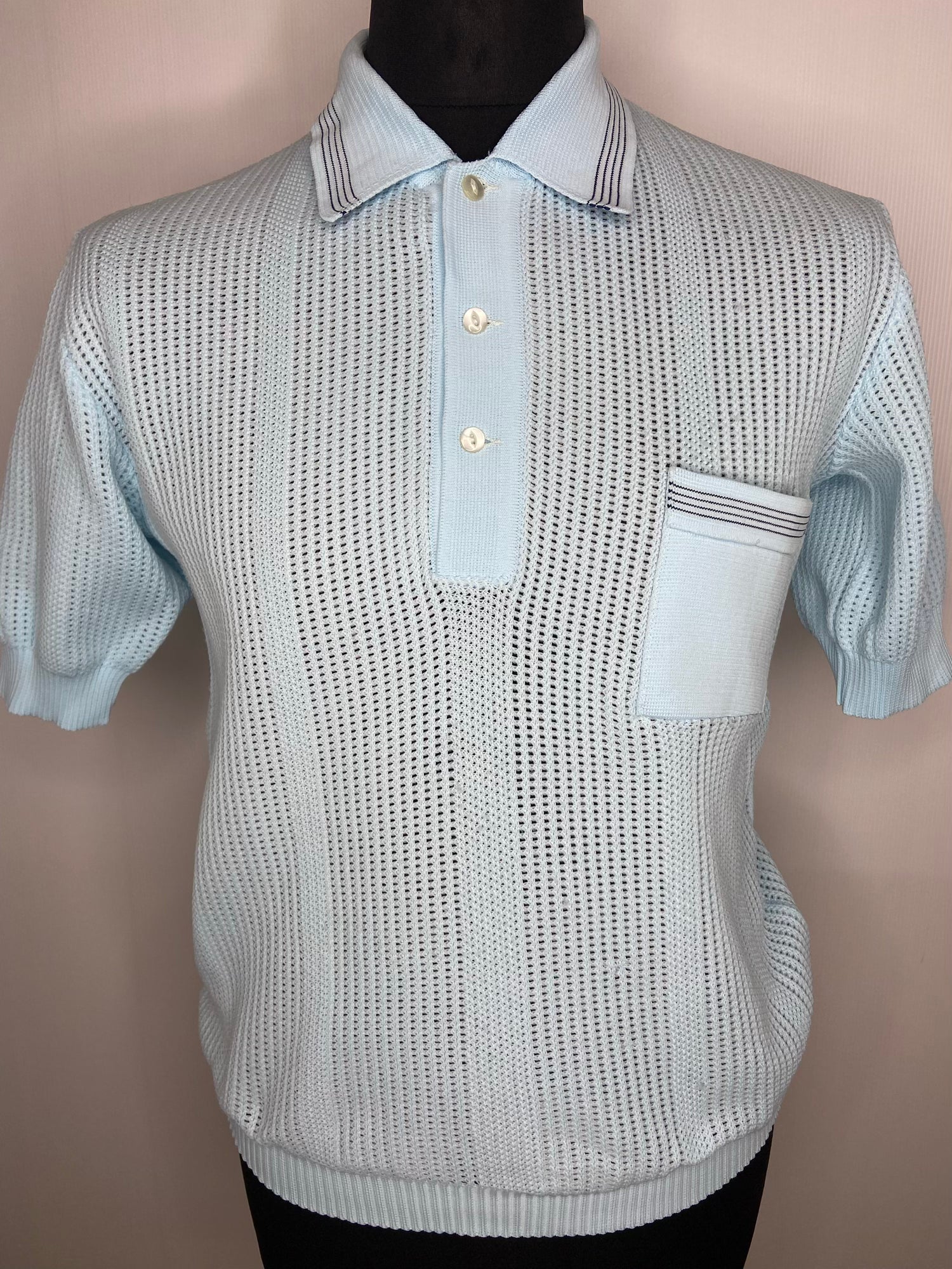 1960s Italian Three Button Long Sleeved Knitted Polo Top - Size L