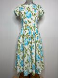 womens  vintage  Urban Village Vintage  St Michael  short sleeved  short sleeve  rose print  roll neck  print dress  MOD  floral print  floral dress  floral  dress  blue rose  back zip  60s  1970s  1960s
