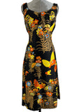 Vintage 1960s Floral Print Fitted Knee Length Dress in Black by Miss Jeannie - Size UK 12