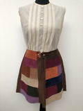 womens  vintage  Urban Village Vintage  urban village  tan  Suede  skirt  press stud fastening  press stud  patchwork  multi  mini  brown  60s  60  1960s  1960