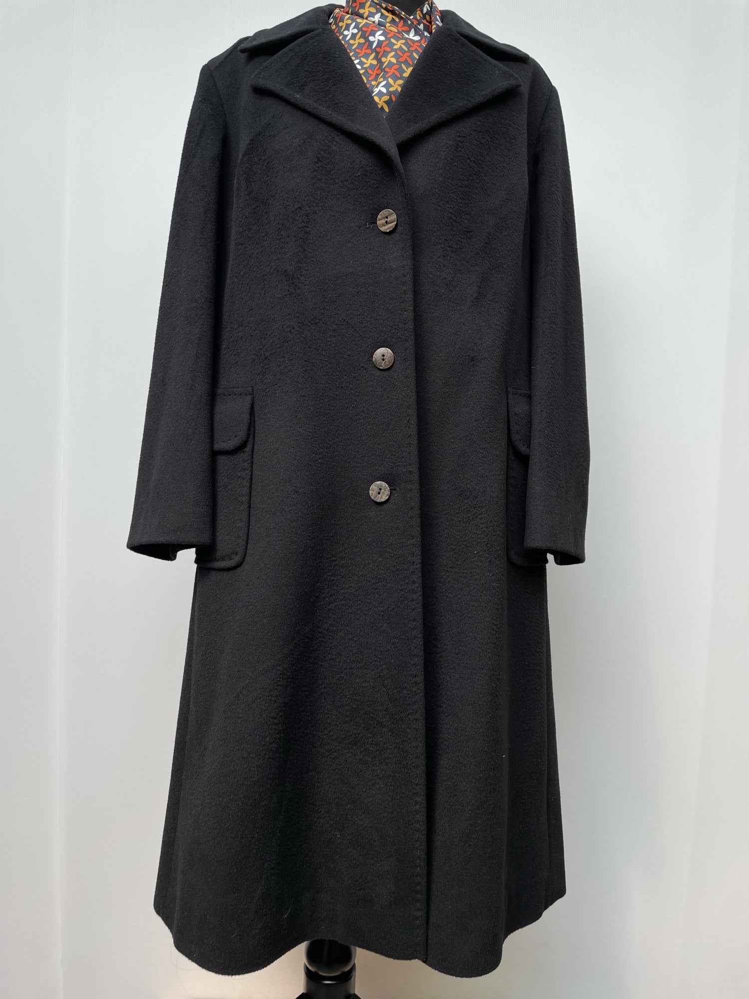 wool coat  Wool Blend  womens  wetherall  vintage  Urban Village Vintage  urban village  red  pure wool  pockets  made in england  long sleeves  long sleeve  long length coat  long length  long coat  lapels  Jacket  button down  black  70s  1970s  16