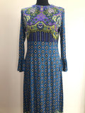 womens  vintage  Urban Village Vintage  Ridella  retro  purple  print dress  midi  maxi dress  frill edge sleeve  dress  boho  bohemian  blue  70s  1970s