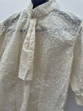 womens  white  vintage  tie neck  summer dress  summer  sheer  puff sleeve  neck tie  MOD  floral lace  floral  evening blouse  Embroidered  Cotton  blouse  8/10  8  70s  60s  1970s  1960s  10