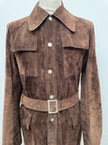 waist belt  vintage  Urban Village Vintage  urban village  Suede Jacket  Suede  stitch detailing  stitch detail  safari  reversible  retro  press stud fastening  pockets  mens  M  long sleeve  leather stitch  Leather  Jacket  decorative pockets  collar  button down  brown  big collar  Belted waist  belted jacket  belted  70s  1970s