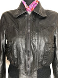 zip front  zip  womens  vintage  Urban Village Vintage  urban village  Suede Jacket  pockets  long sleeves  long sleeve  Leather  cropped  collar  bomber jacket  bomber  black  70s  1970s  10