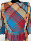 womens  vintage  three quarter sleeve  retro  dress  decorative buttons  decorative button  check  Blue  60s  1960s  10