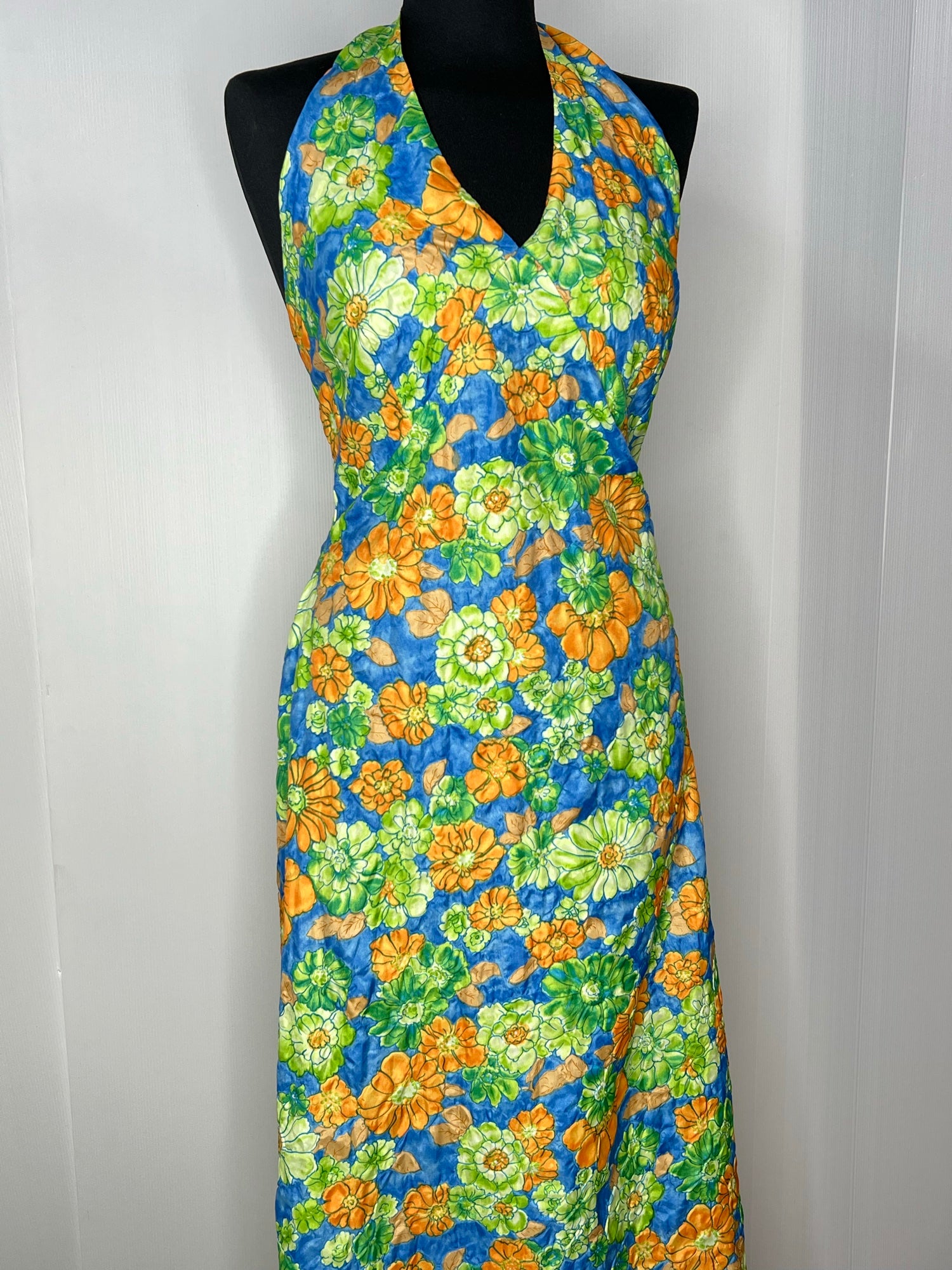 Vintage 1970s Floral Print Halter Neck Maxi Dress Size UK 10