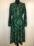 womens  vintage  Urban Village Vintage  two piece  twin set  top  tie neck  Skirts  skirt  Shirt  sailor collar  retro  green  circle print  brown print  blouse  70s  70  1970s  12  10-12  10