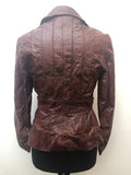 womens jacket  womens coat  womens  waist belt  vintage  Urban Village Vintage  urban village  soft leather  red  pockets  pleat back  Leather Jacket  Leather  Jacket  button down  button  brown leather  brown  Belted waist  belted jacket  belt  8  70s  70  1970s
